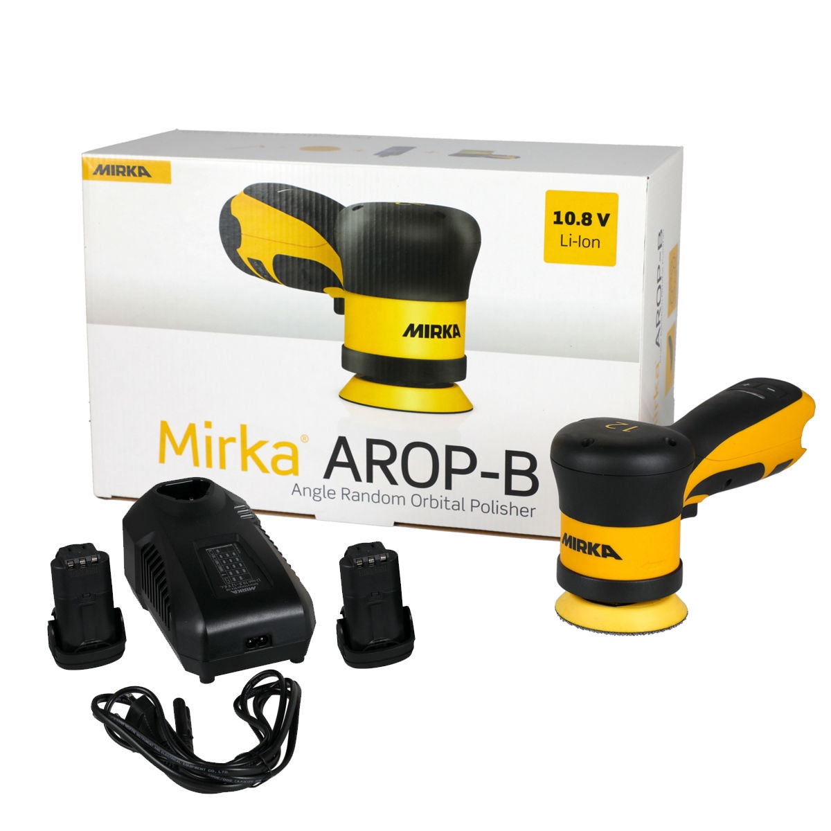 Mirka 12V Cordless 3 Inch 12mm Orbital Polisher Kit with charger and batteries for spot repair and fine finishing in an automotive detailing or body shop setup