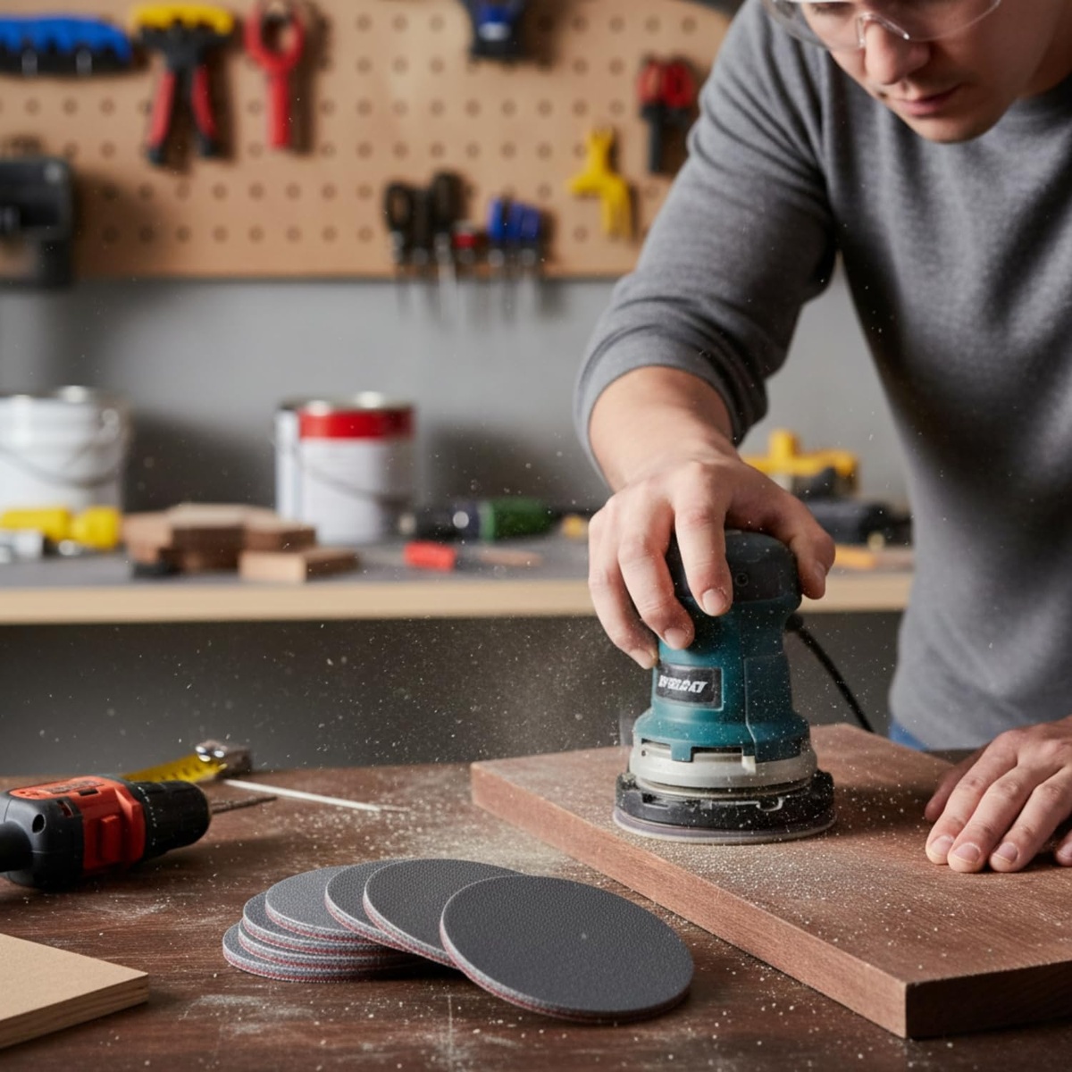 Mirka Abralon 8A-241-3000B sanding pads used with a random orbital sander on a wood panel in a workshop finishing application