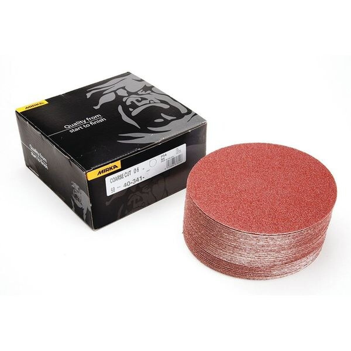 Mirka 40-341-120 PSA Disc stack and box for shop sanding work with 6 inch P120 aluminum oxide discs on a workbench setup