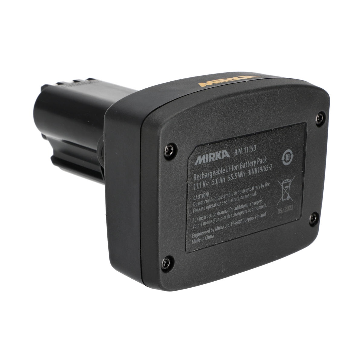 Mirka Intelligent Battery BPA10850 battery pack shown as a replacement power source for Mirka cordless tools in workshop and finishing tool rotation