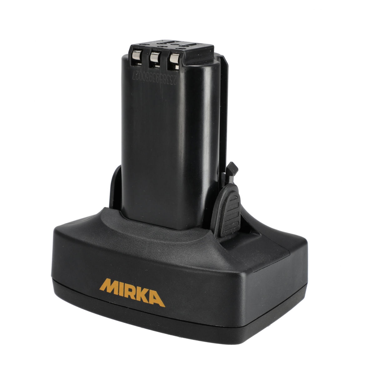 Mirka Intelligent Battery BPA10850 battery pack contact end and latch detail for fitting Mirka 10.8V cordless tools in shop use