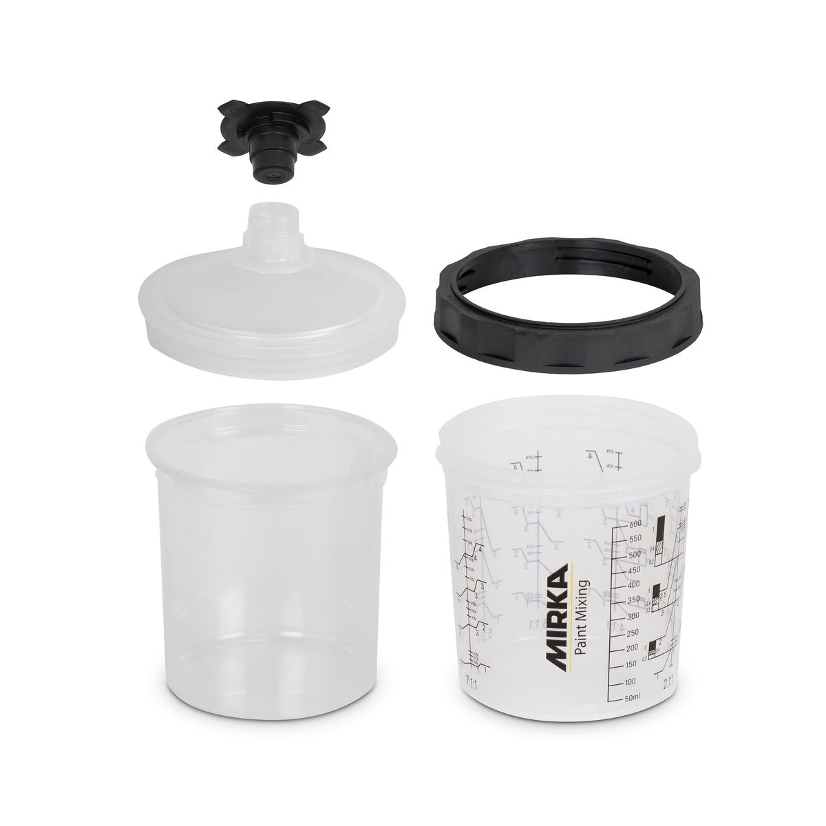 Mirka Paint Cup System with 125µm Filter Lids 180ml components including stopper, collar, filtered lid, liner, and hard outer cup for paint mixing and spray gun use