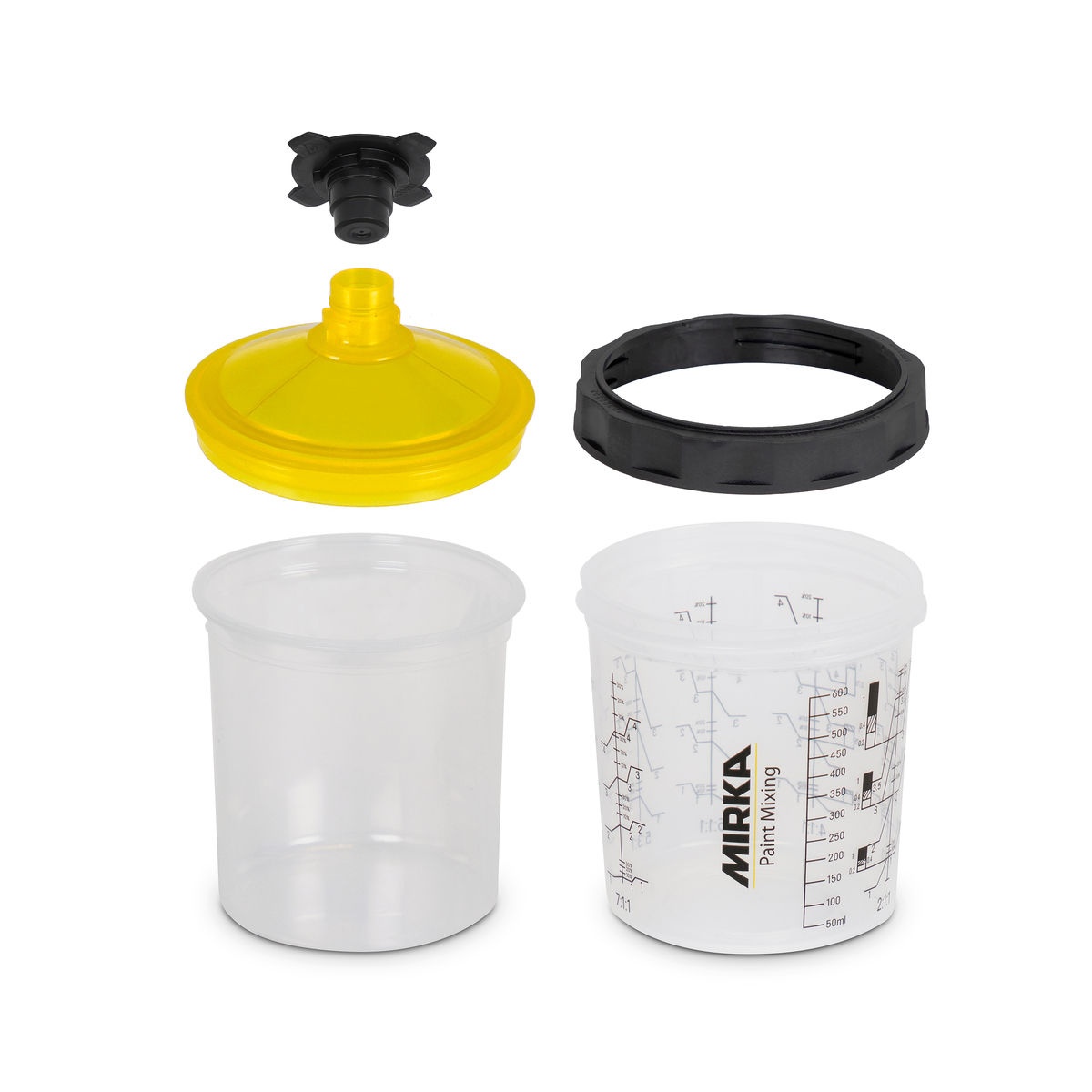 Mirka Paint Cup System with 190 micron Filter Lids components including cup, outer cup, lid, collar, and stopper for paint mixing
