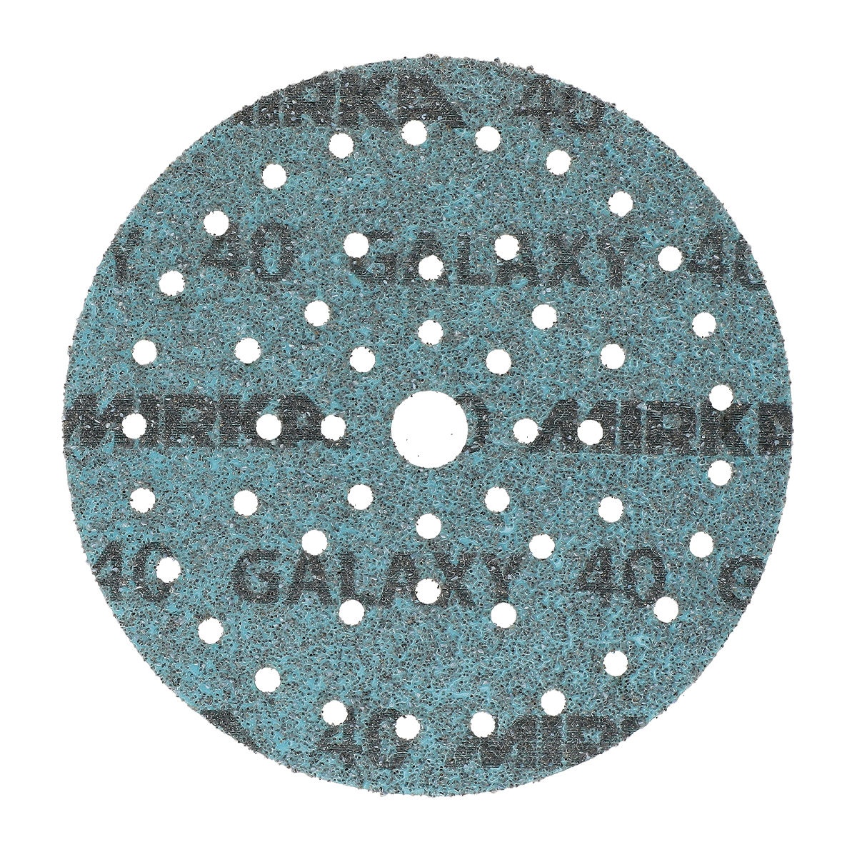 Mirka Galaxy 6 Inch Grip Multifit Sanding Discs front abrasive face with universal hole pattern for coarse sanding on wood, metal, and epoxy resin in shop use
