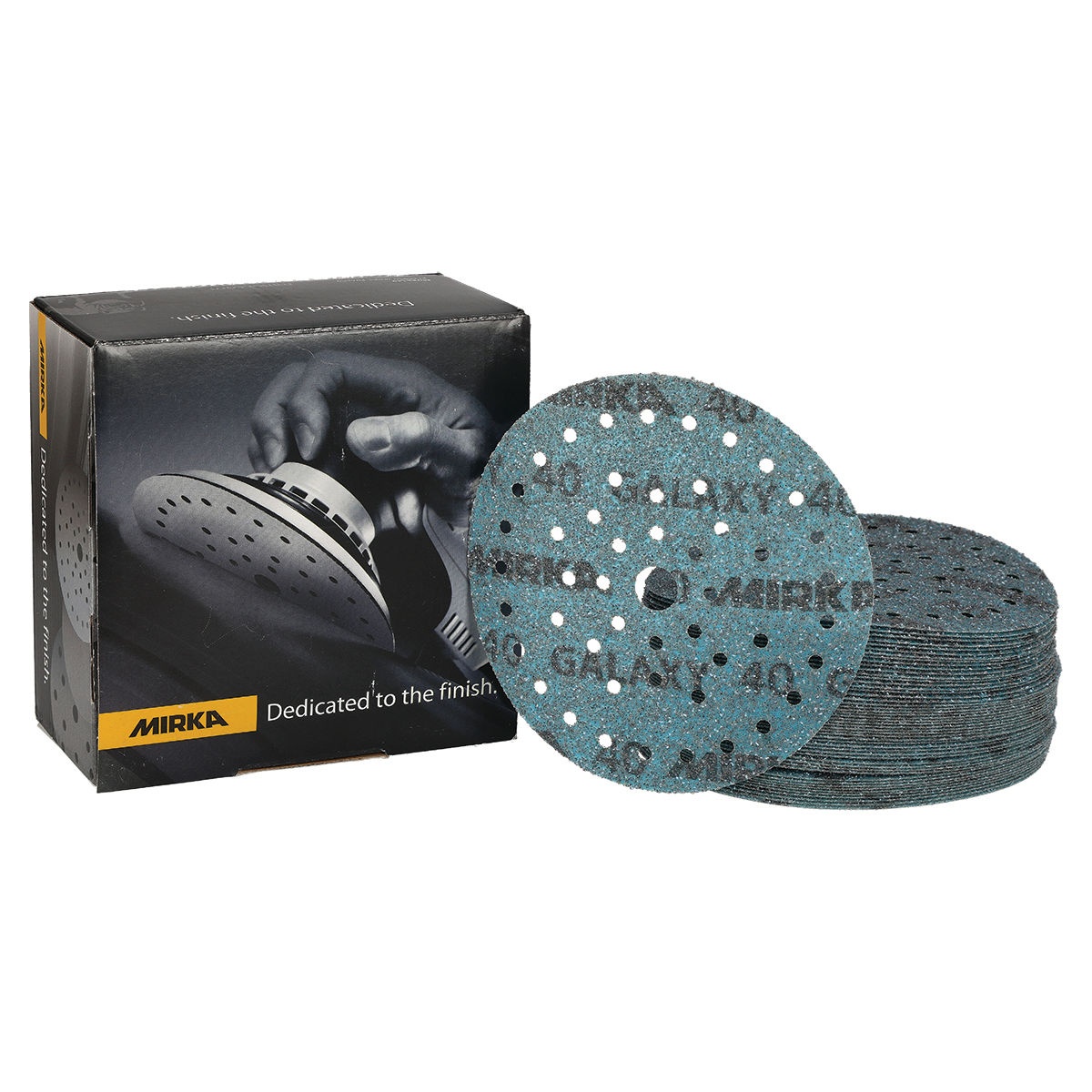 Mirka Galaxy 6 Inch Grip Multifit Sanding Discs box with stack of 50 hook and loop discs for professional sanding shop and jobsite use