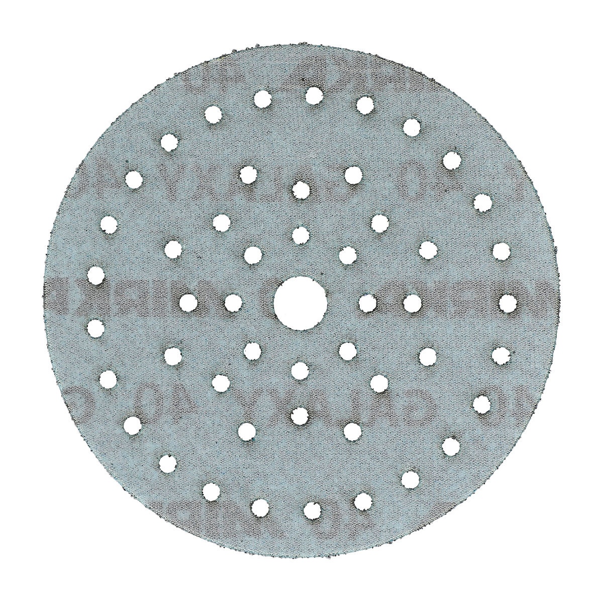 back side of Mirka Galaxy 6 Inch Grip Multifit Sanding Discs showing hook and loop backing and Multifit hole pattern for power sander dust extraction