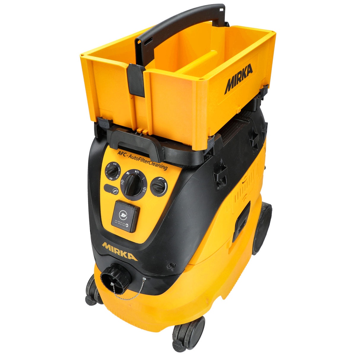 Mirka Open-Top Tool Carrier stacked on a Mirka DE-1230 dust extractor for mobile tool and accessory transport on the job