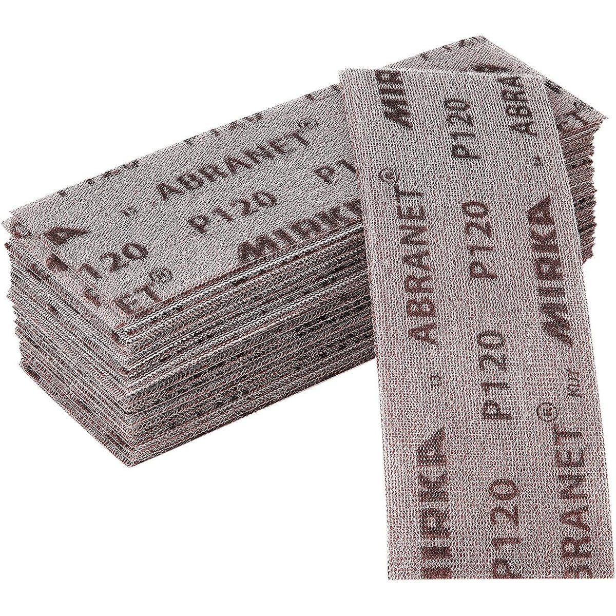 Mirka Abranet P120 sanding strips stacked for shop use, showing the labeled net abrasive surface for general prep and finish sanding tasks