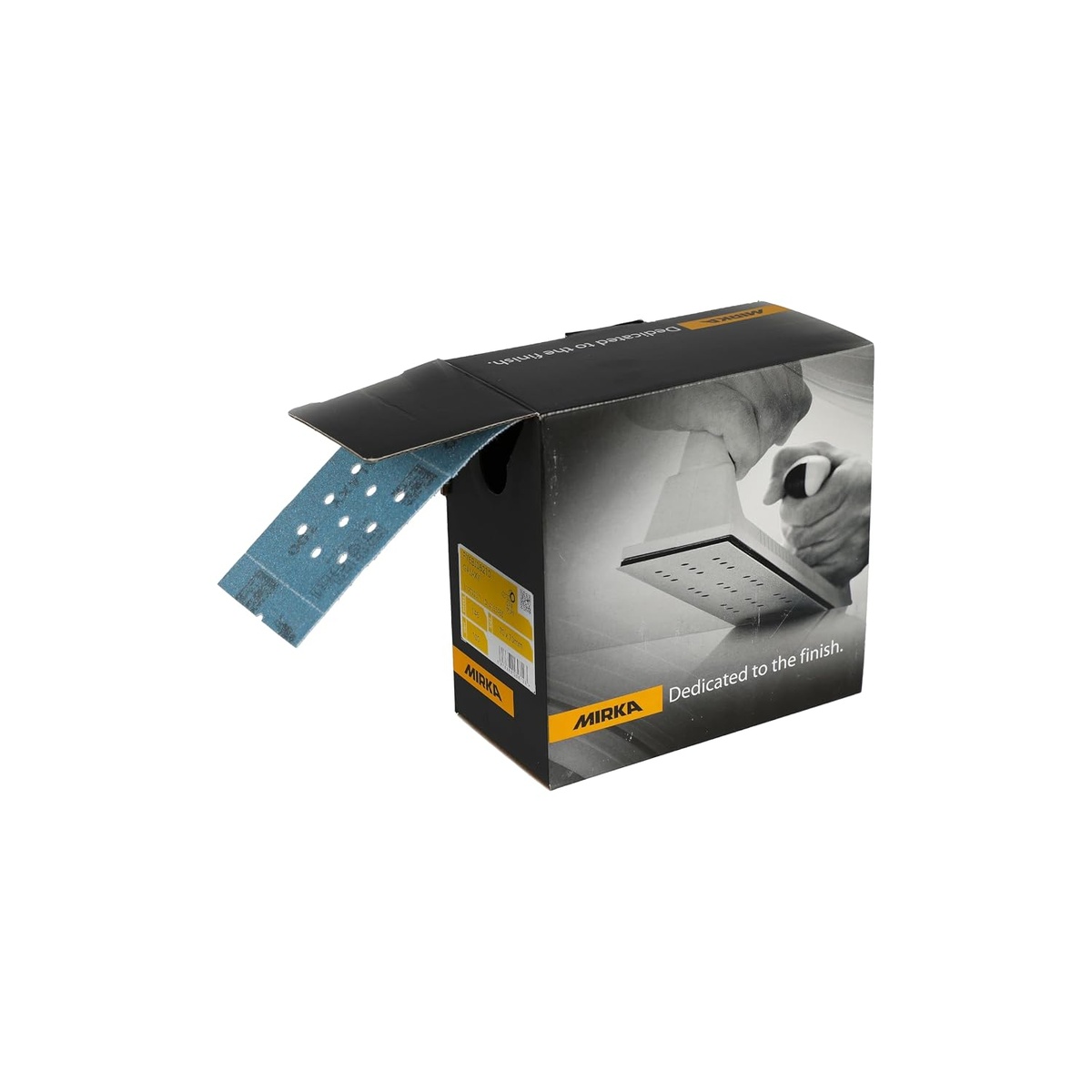 Mirka sanding roll dispenser box feeding perforated abrasive sheet for use with 2.75 inch sanding blocks in finishing and prep applications