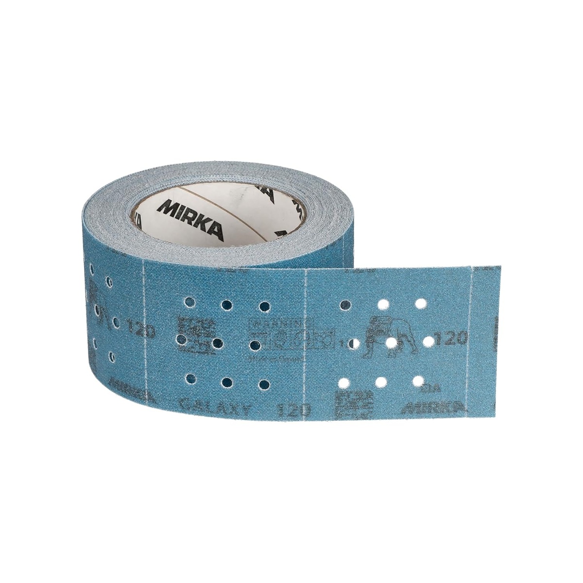 Mirka Galaxy Perforated Sanding Roll FY-570-120 abrasive roll with perforated 120 grit sheet for sanding wood, metal, and epoxy resin in shop finishing work