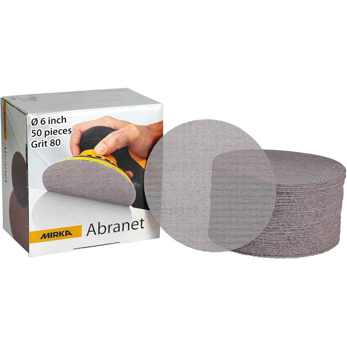 Mirka 9A-241-180 6-Inch Mesh Sanding Discs box and stacked hook and loop abrasive discs for orbital sanding and surface preparation in a workshop setting