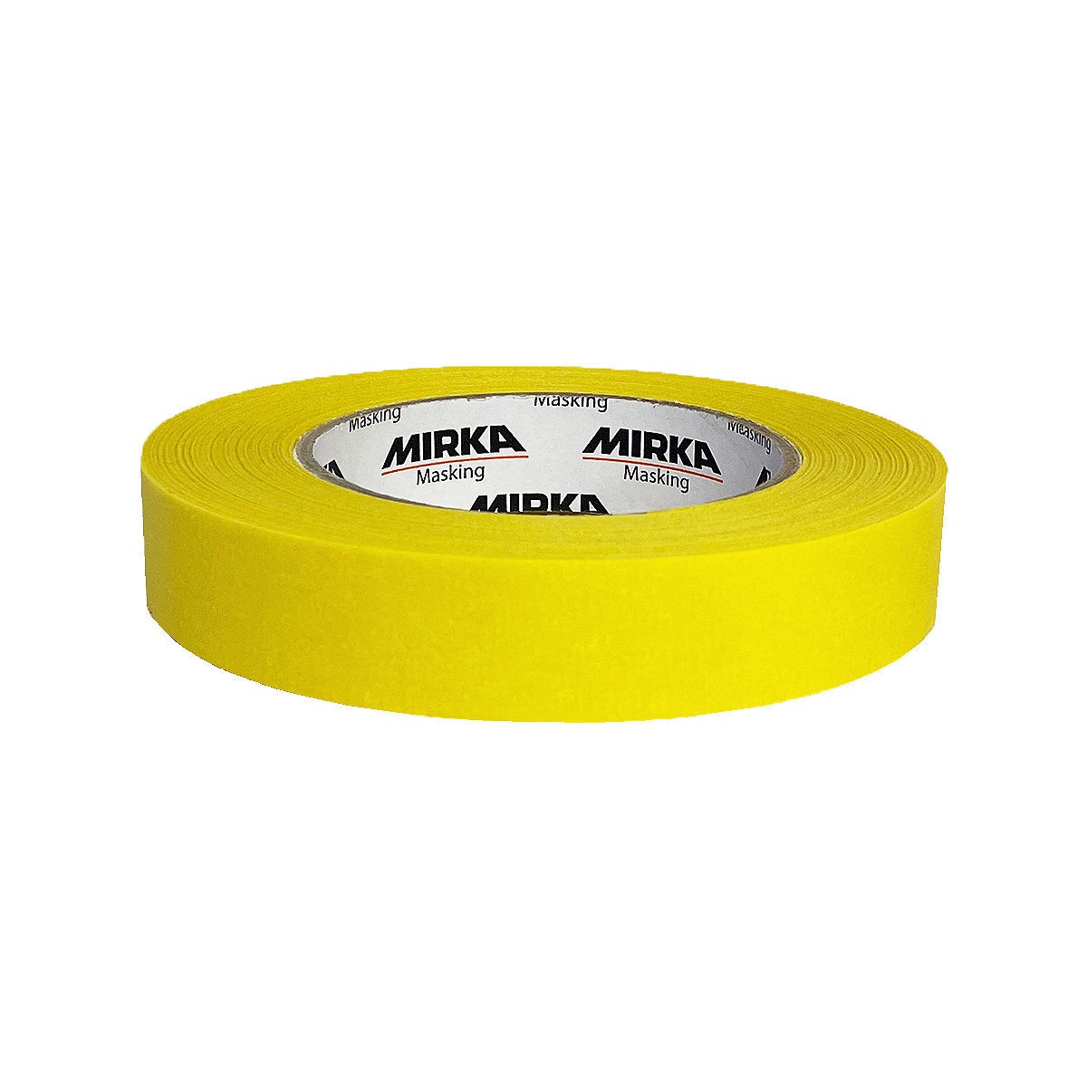 Mirka Yellow Line Masking Tape 120°C 18 mm roll used for paint masking on metal and plastic surfaces in an automotive or refinishing workspace