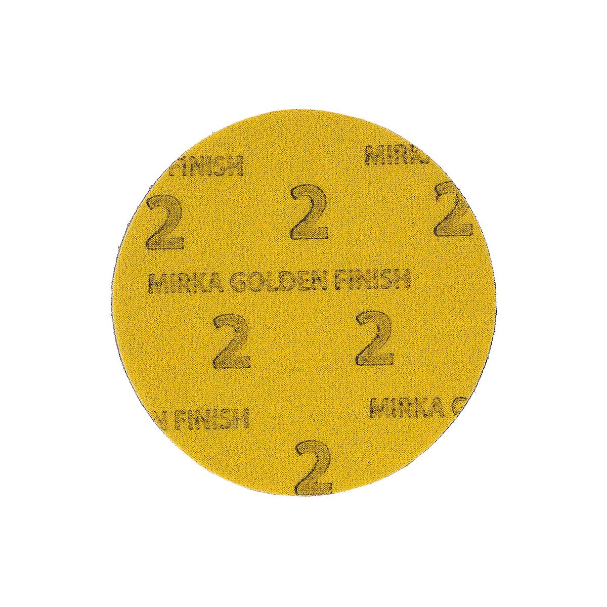 Mirka Golden Finish-2 6 Inch Grip abrasive disc used for sanding and scratch conditioning during finish prep on a shop work surface