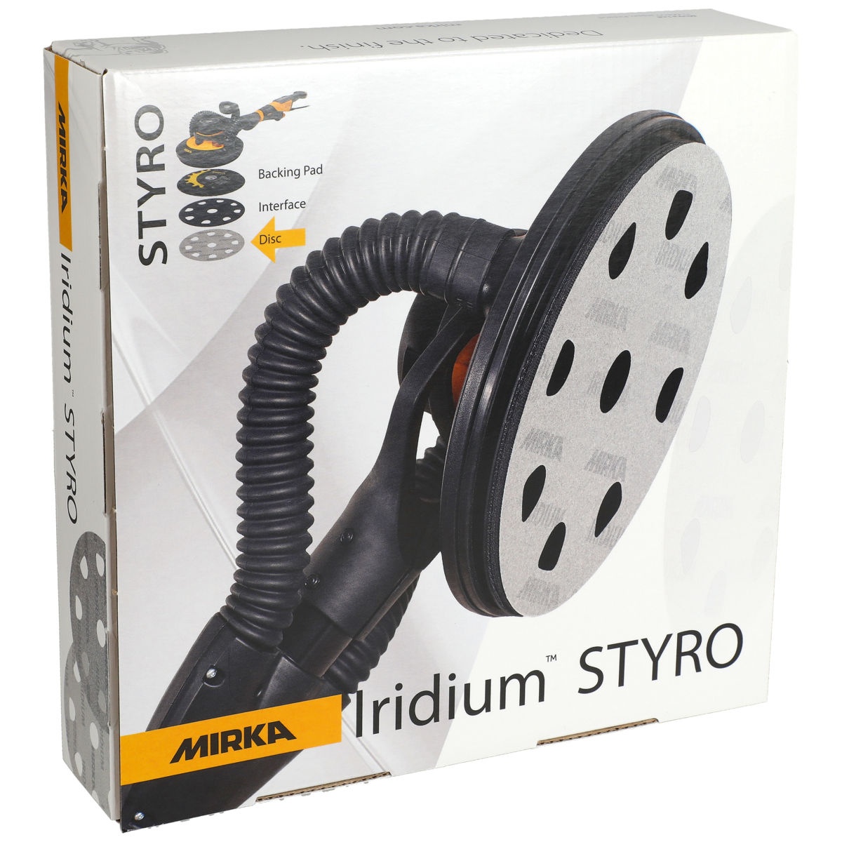Mirka IRIDIUM 9 inch Grip 9H Styro sanding disc packaging for the STYRO sanding system with large disc application platform