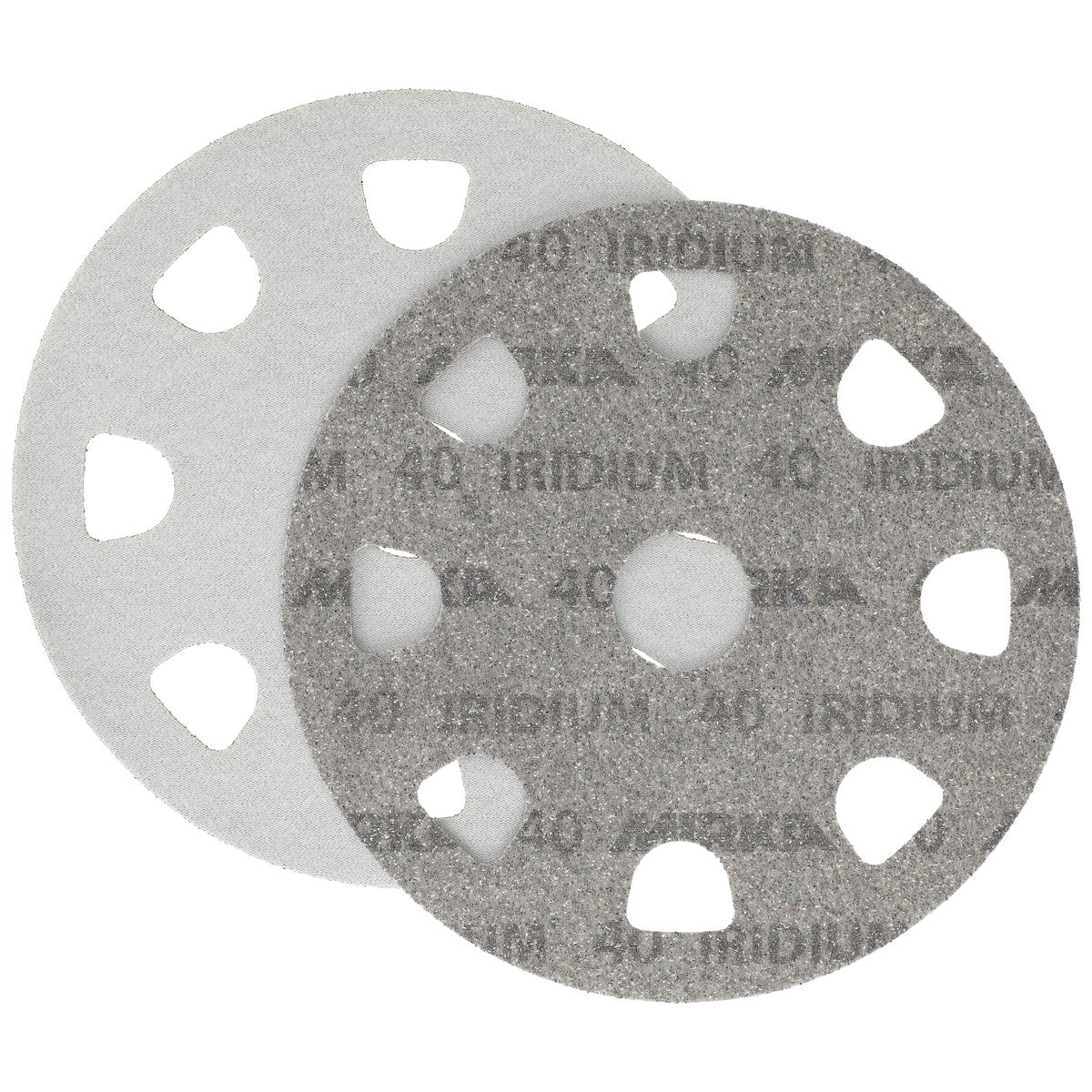 Mirka IRIDIUM 9 inch Grip 9H Styro sanding disc front and backing view showing coarse abrasive face and grip attachment