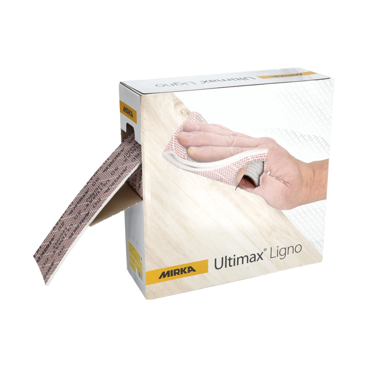 Mirka Ultimax Ligno Soft 4.5x5 Perf-Roll being used for hand sanding on a wood panel in a woodworking setting