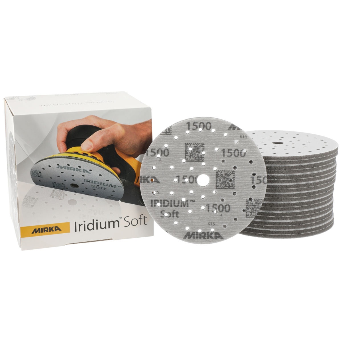Mirka Iridium Soft 6 Inch Grip Multifit Discs package and discs for automotive finish sanding and curved panel surface prep