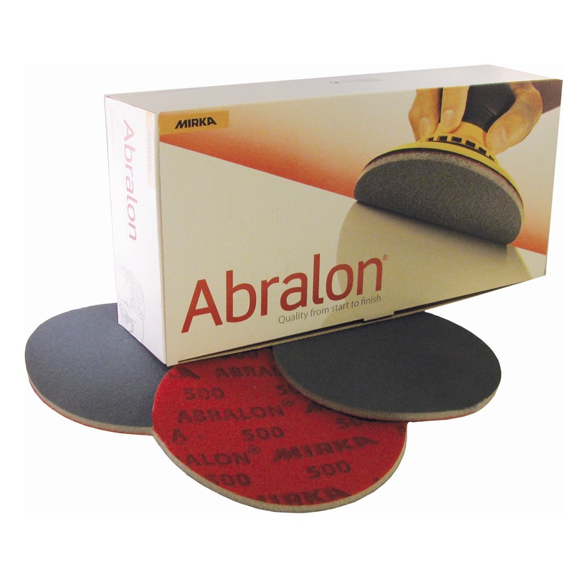 Mirka 8A-241-4000 Abralon 6 Foam Grip Disc packaging with foam-backed finishing discs for polishing glass, plastic, and fine-finish surface work in shop settings