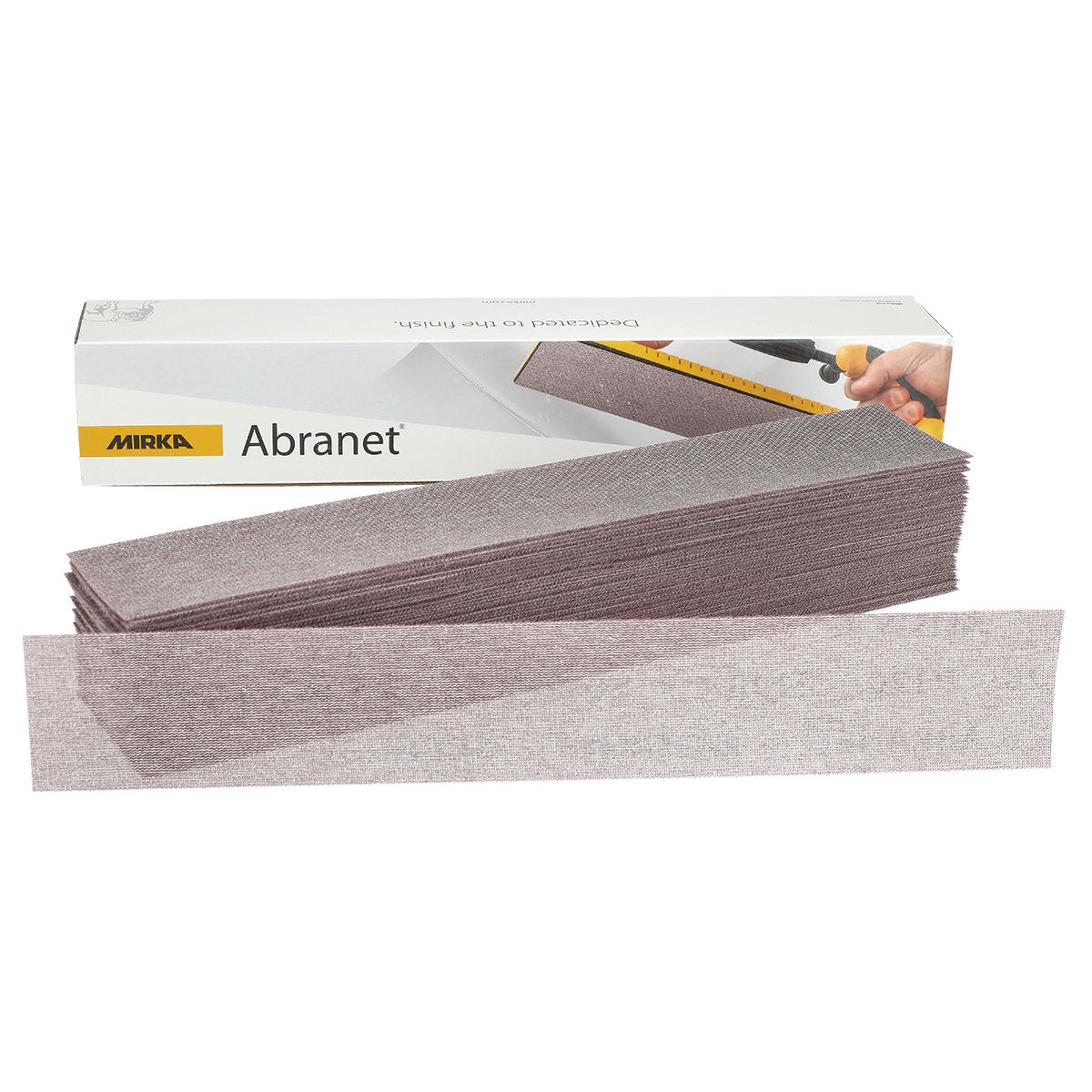 Mirka Abranet 2.75 x 16.5 in Grip Net Sanding Sheet P80 box and stack of abrasive sheets for shop sanding and finish preparation