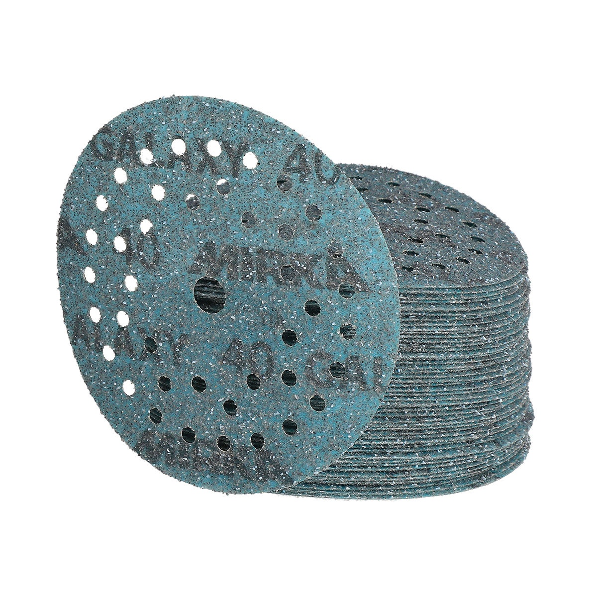 Mirka Galaxy 5 in Multifit Grip Sanding Disc 50 pack stack showing ceramic alumina sanding discs for long lasting stock removal in workshop use