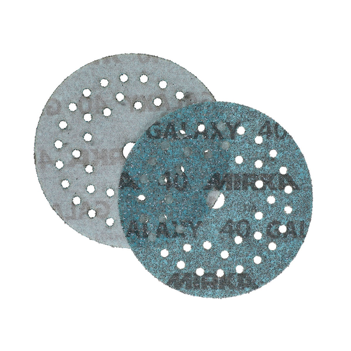 Mirka Galaxy 5 in Multifit Grip Sanding Disc front and back showing universal hole pattern and hook and loop backing for 5 inch sander use