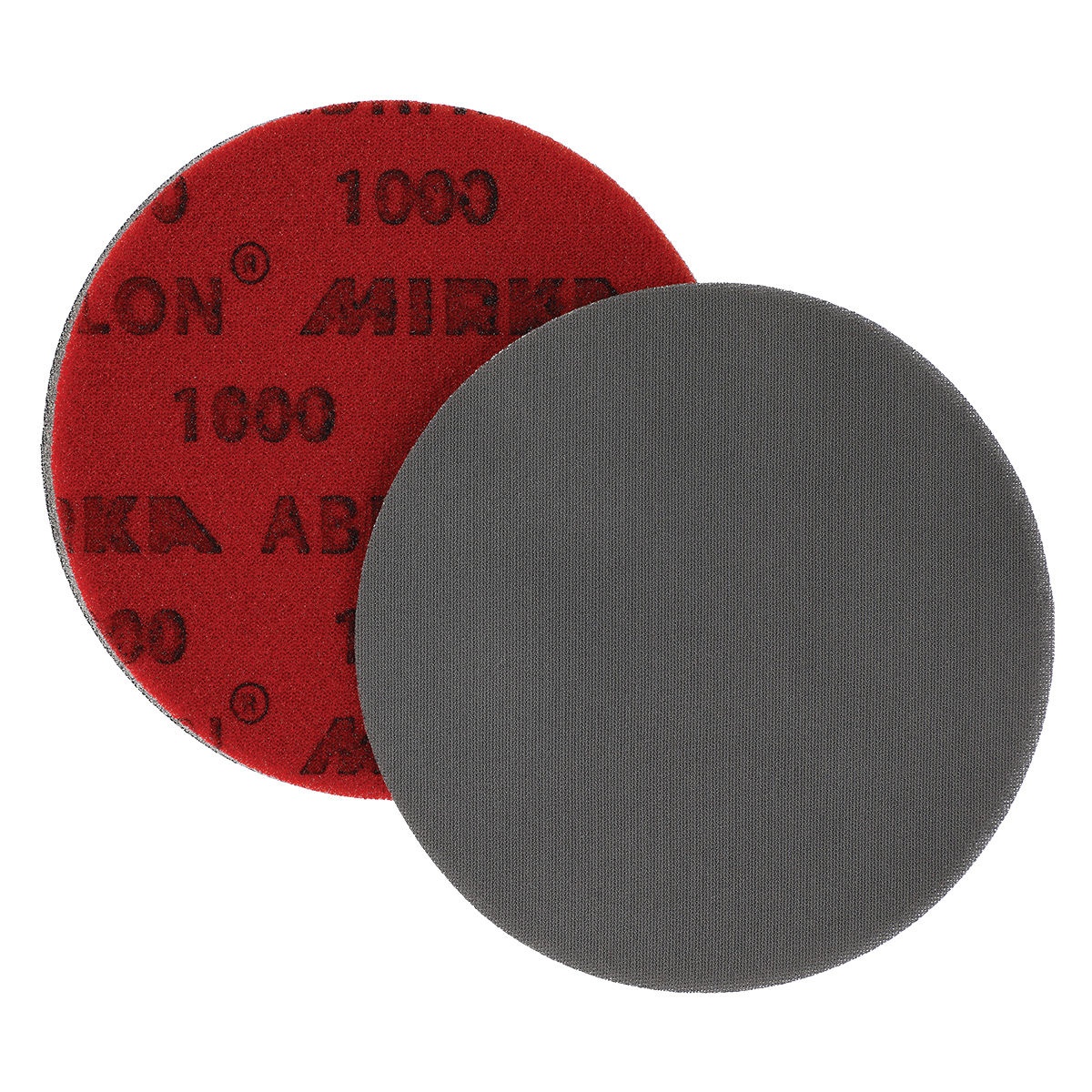 Mirka Abralon 5 inch Grip Discs showing abrasive face and backing for sanding metal, paint, hardwood, and solid surface materials