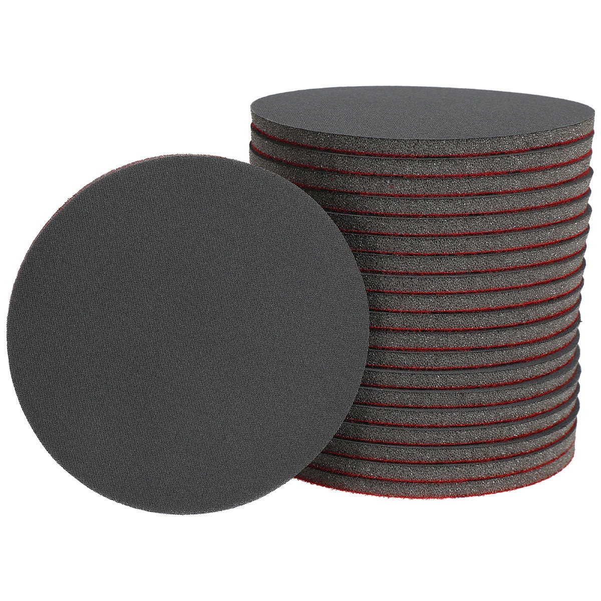 Mirka Abralon 5 inch Grip Discs stacked for sanding work on curved edges, shaped panels, and finish prep in a shop setting