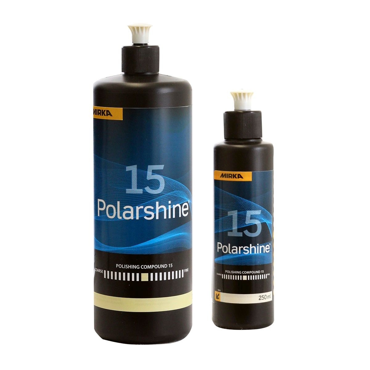 Mirka Polarshine 15 polishing compound bottles used in professional detailing and refinishing environments for painted surface restoration