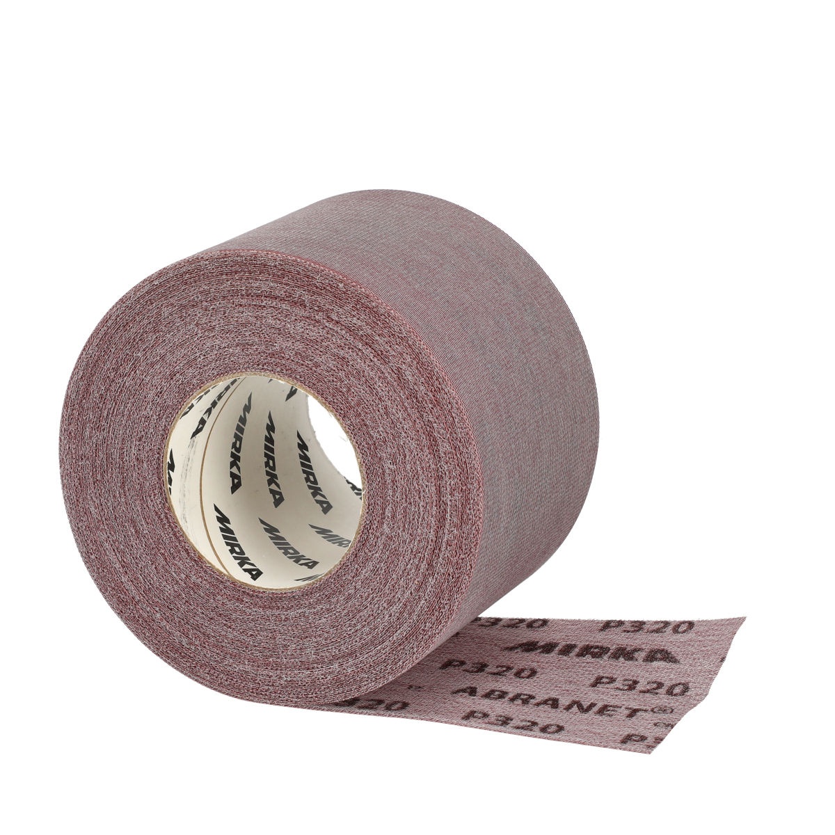 Mirka Abranet 3.67 in x 82 ft Grip Roll P320 abrasive roll on a bench ready to be cut to length for sanding tasks