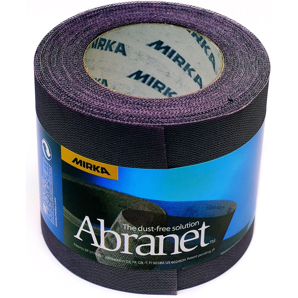 Mirka 9A-593-600 Abranet 3-2/3 inch x 25m Mesh Grip Roll packaged as a cut-to-length sanding abrasive roll for surface preparation and finishing work