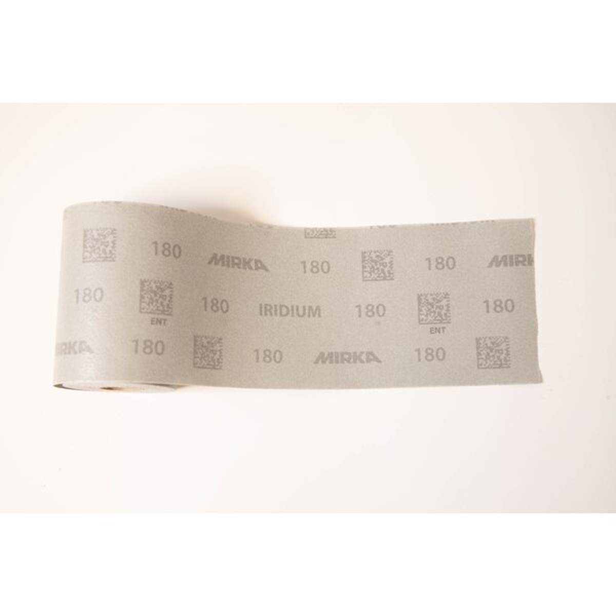Mirka Iridium 4.5 inch x 30 foot PSA 220 abrasive roll cut-to-length sanding material for fine surface preparation in a shop setting