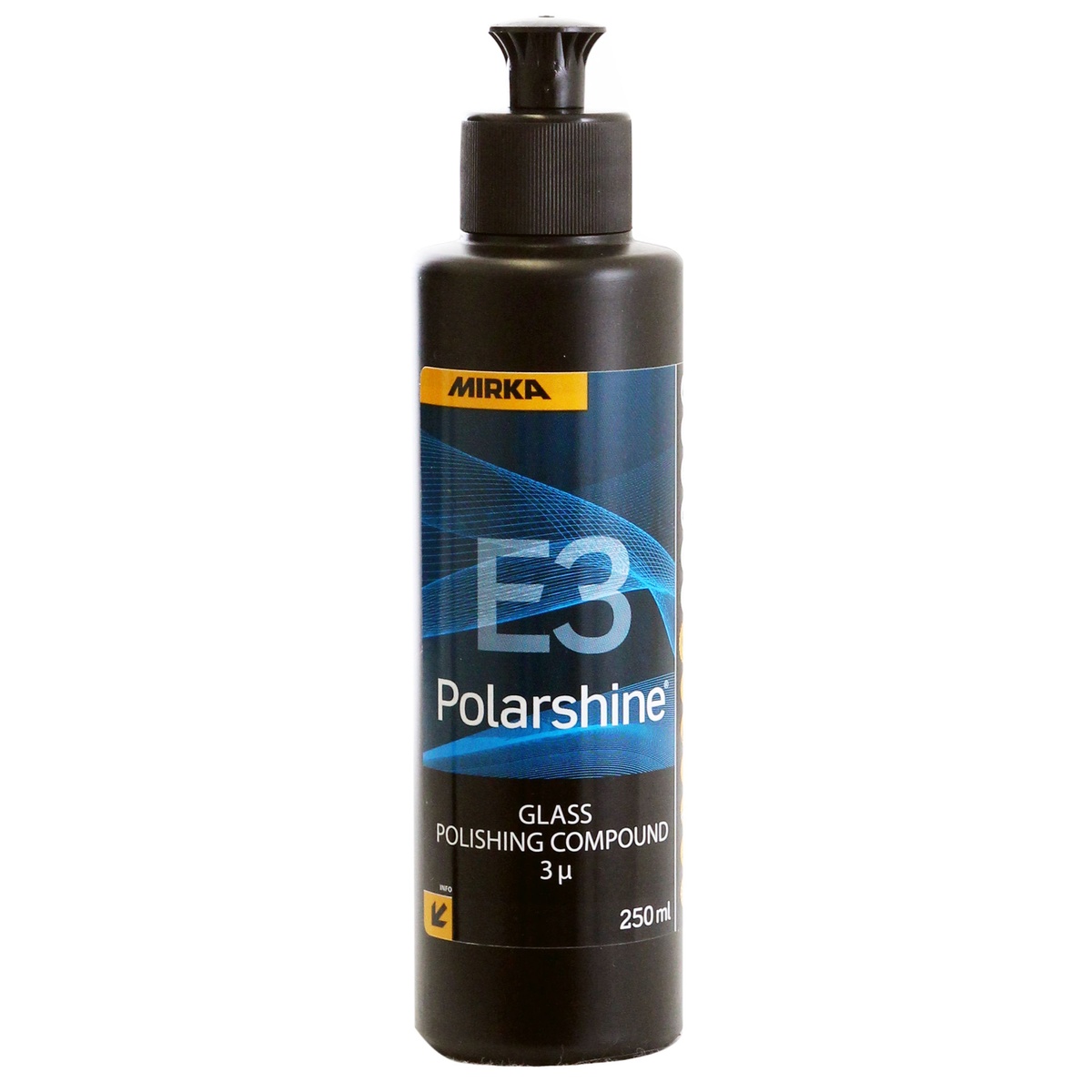 Mirka Polarshine E3 Glass Polishing Compound bottle label showing 3 micron glass polishing formula for fine surface correction