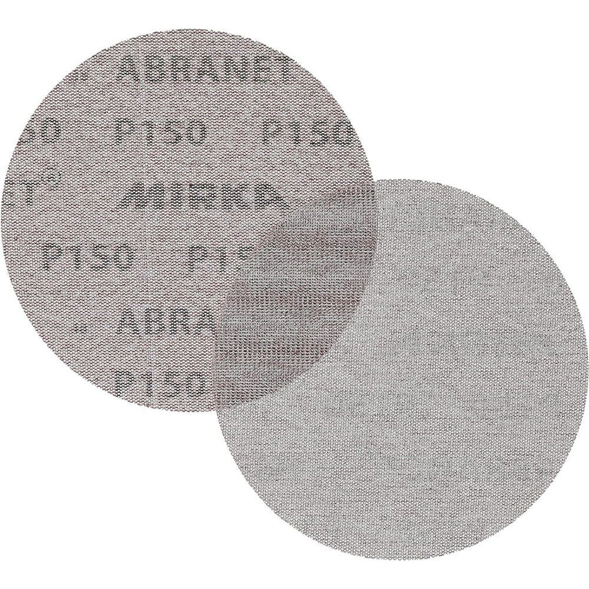 Mirka Abranet 5 in 150 Grit Mesh Sanding Disc front and back showing hook and loop sanding disc construction for 5 inch random orbital sanders