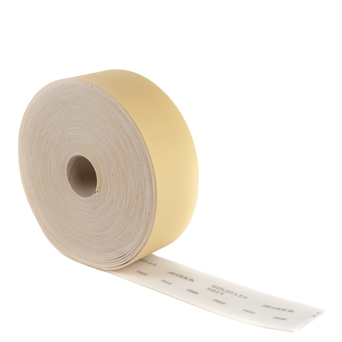 Mirka Goldflex Soft 4.5 in x 5 in Plain Roll P150 abrasive roll with perforated hand sanding sheets ready for shop use