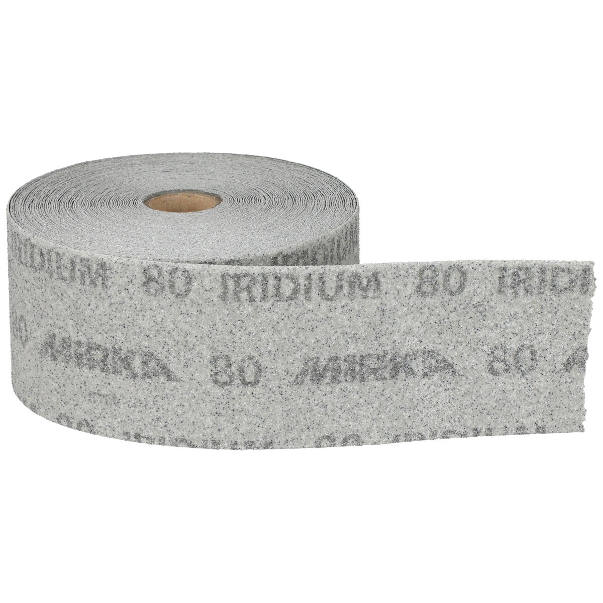 Mirka IRIDIUM 2.75 inch x 60 foot PSA Roll close-up showing 80 grit abrasive surface for stock removal and sanding prep in shop conditions