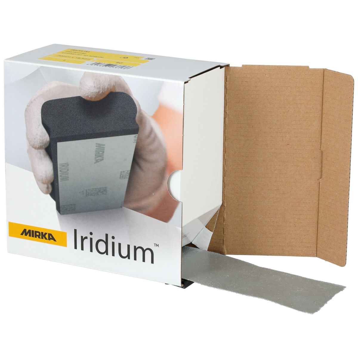 Mirka IRIDIUM 2.75 inch x 60 foot PSA Roll in dispenser box for shop sanding workflow and quick tear-off use with sanding blocks