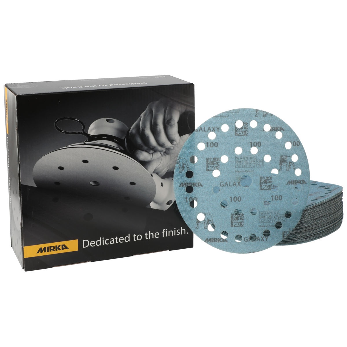 Mirka Galaxy 7 inch Disc 37H Grip box and sanding discs for shop use in automotive, woodworking, composites, and finishing applications