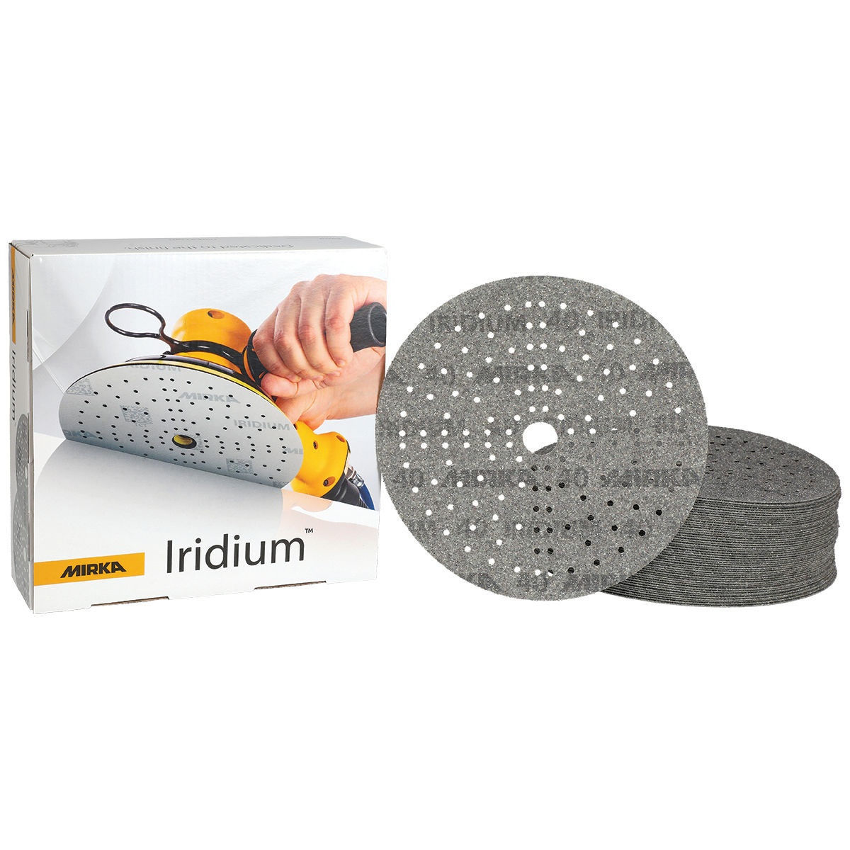Mirka IRIDIUM 8 inch Grip 133 Holes abrasive discs stacked for shop use on broad sanding tasks such as panel prep, composite shaping, and surface leveling