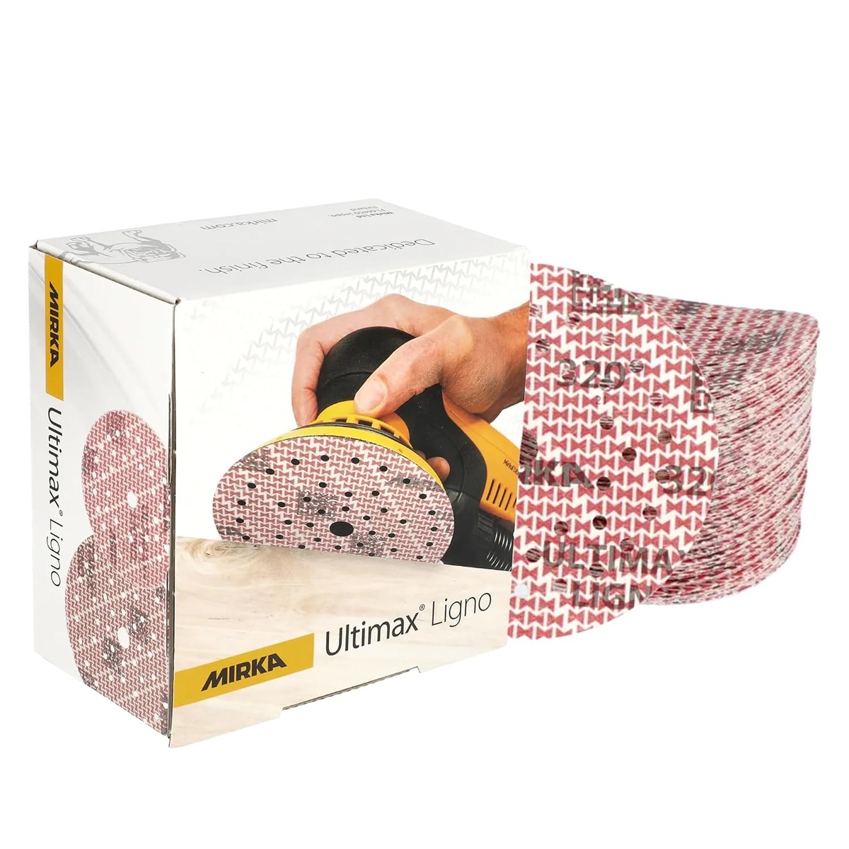 Mirka Ultimax Ligno 6-Inch Grit 40 Hook and Loop Sanding Discs stacked beside the product box for woodworking surface prep on wood with a 6-inch orbital sander