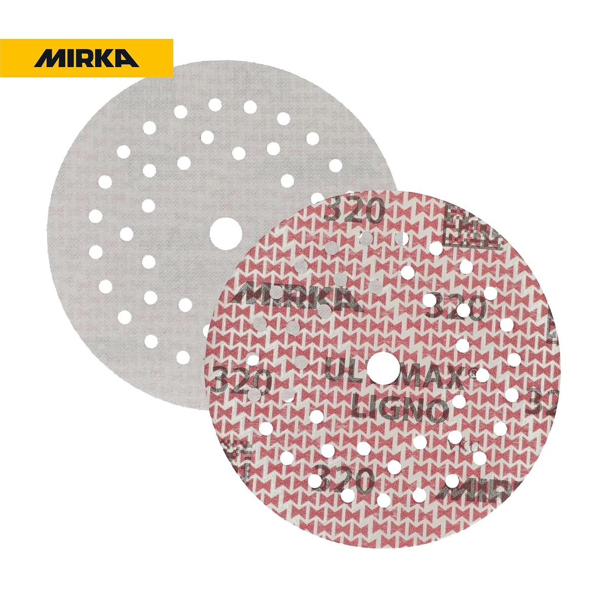 Mirka Ultimax Ligno 6-inch sanding disc front and back showing Multifit hole pattern for dust extraction on an orbital sanding setup