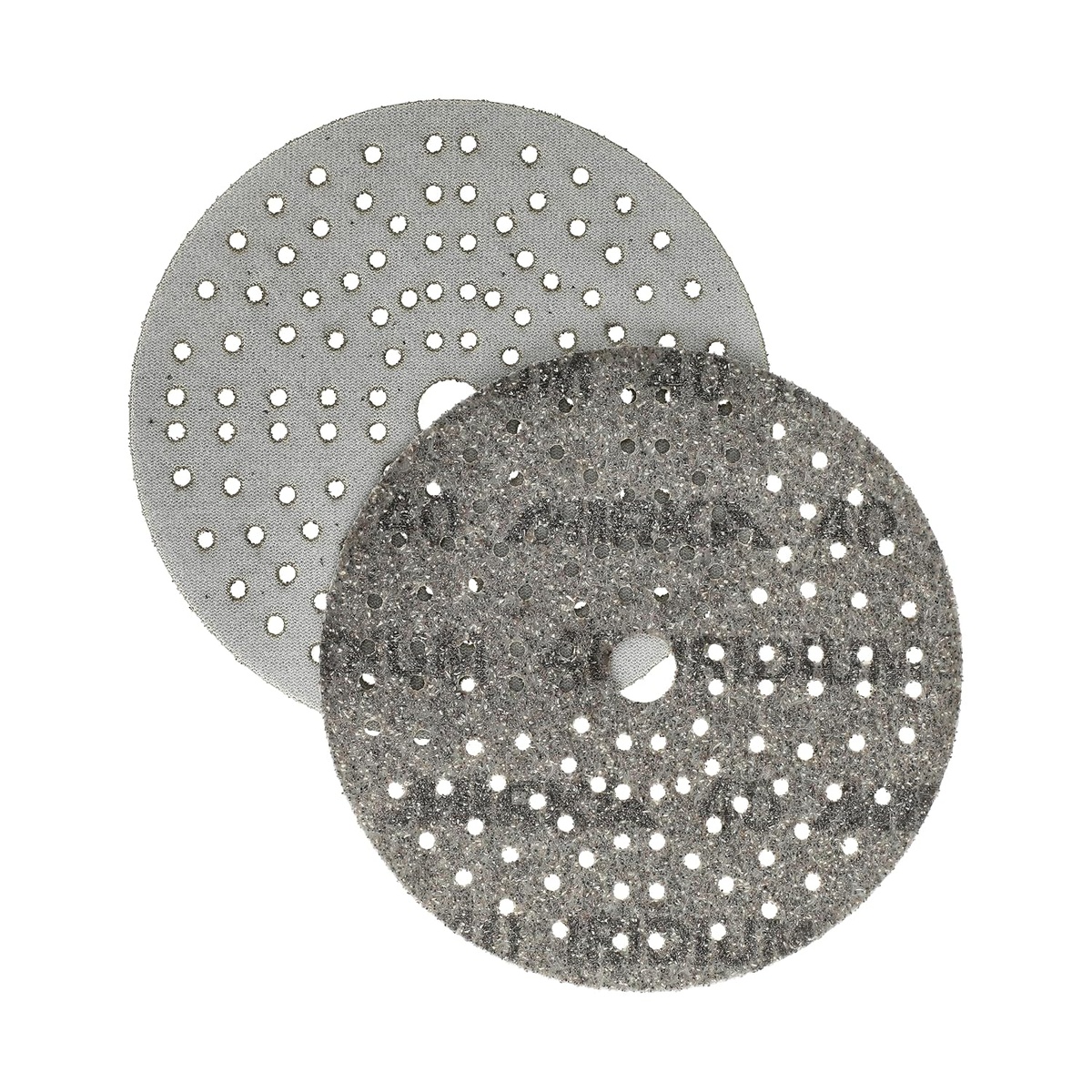 Mirka Iridium Premium Sandpaper Ø 6-Inch Hook & Loop, Grit 40 showing abrasive face and hook and loop backing for 6 inch sanding applications
