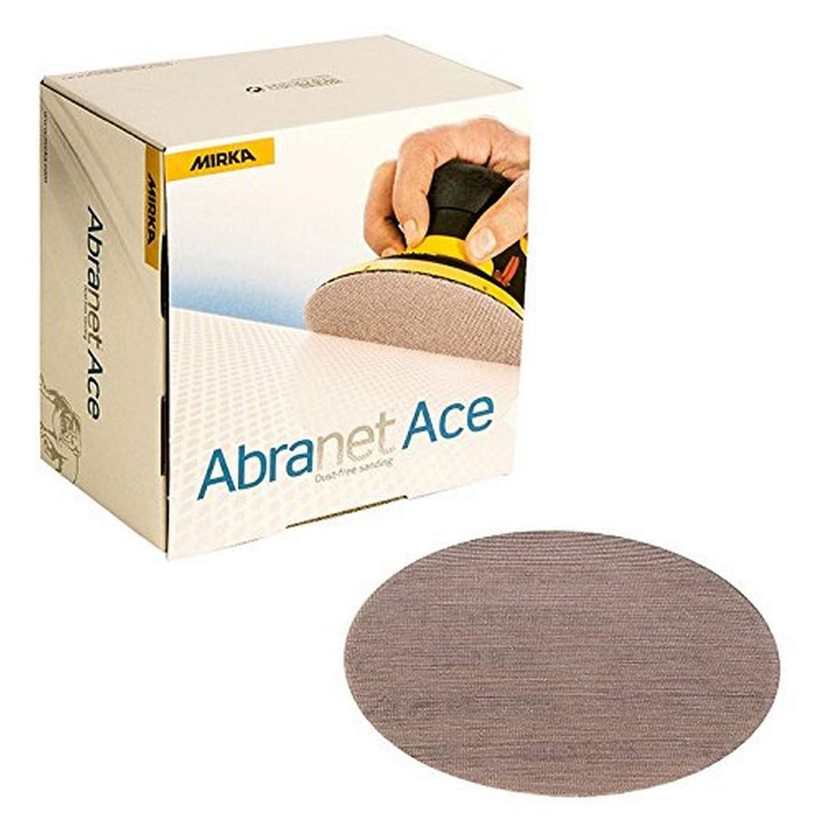 Mirka AC-232-150 Abranet Ace Mesh Grip Sanding Disc box and 5 inch sanding disc for power sander surface preparation and finish sanding in shop use
