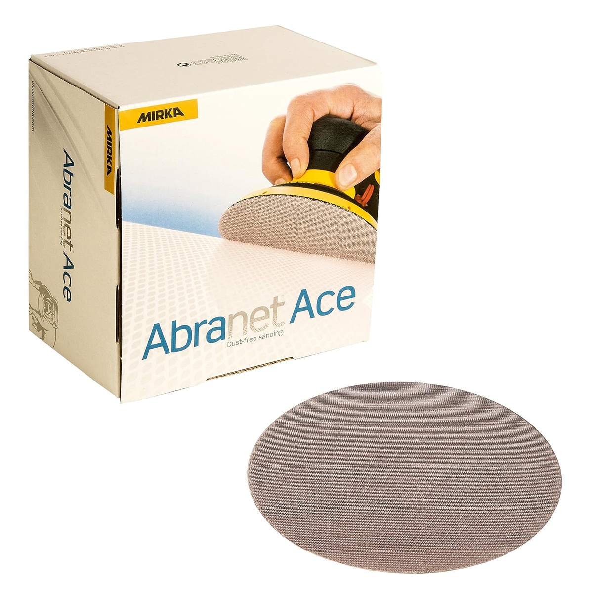 Mirka AC-232-180 Mesh Grip Disc package and 5-inch mesh sanding disc for finishing and surface prep in a workshop sanding setup
