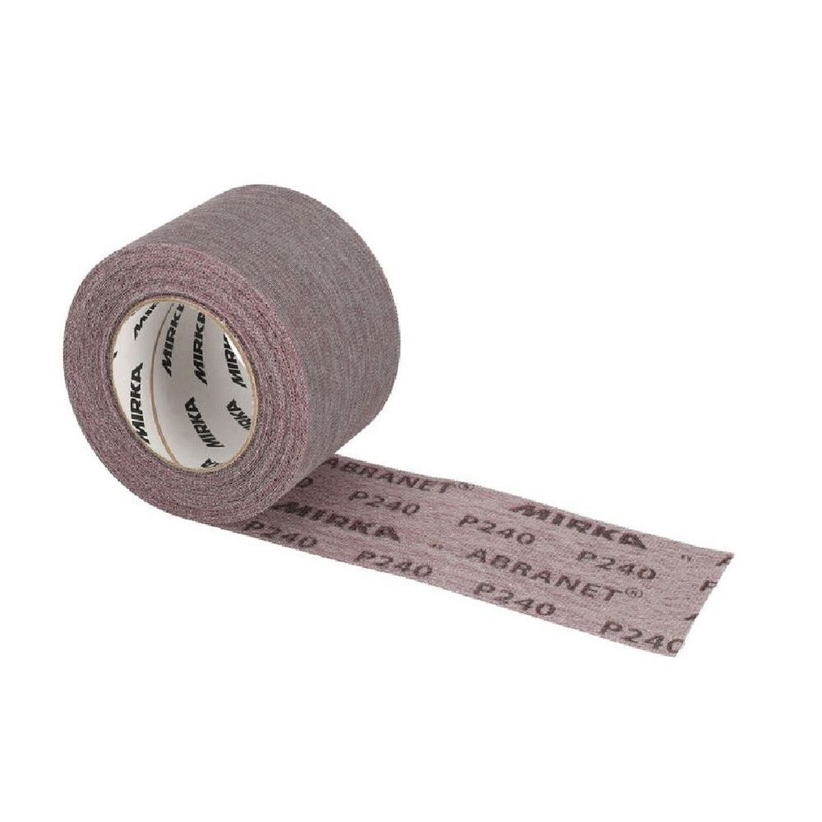 Mirka ABRANET 30 Ft. x 2-3/4 Inch P80 Grit Sanding Roll unrolled on a bench to show cut-to-length abrasive for hand or machine sanding