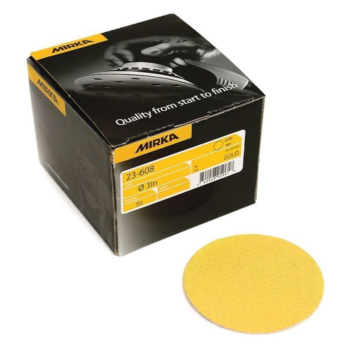 Mirka Gold Grip Disc 23-608-080 3 inch sanding disc with product box for general surface prep and small-area sanding in a workshop