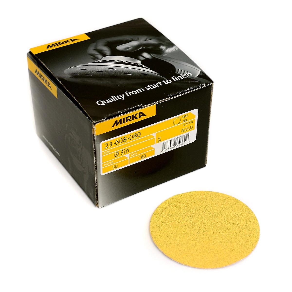 Mirka 23-608-600 Gold sanding disc package and 3 inch sanding disc for finish sanding and surface prep in a shop setting