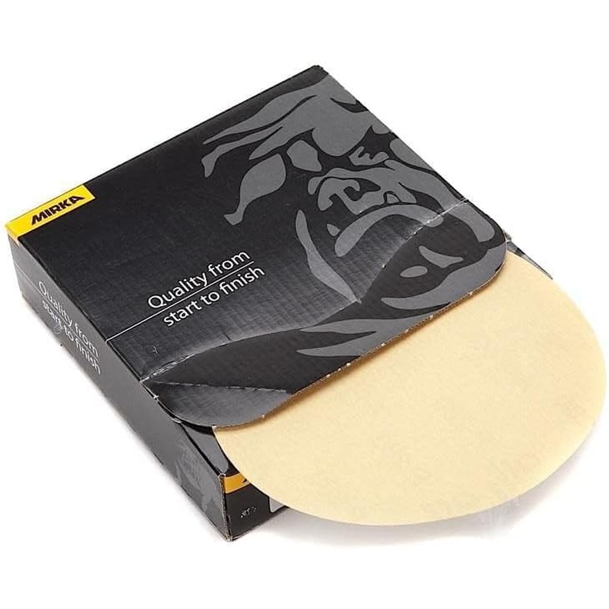 Mirka 23-379-080 6 inch PSA sanding disc partially dispensed from box for adhesive-backed sander use in finishing and material prep