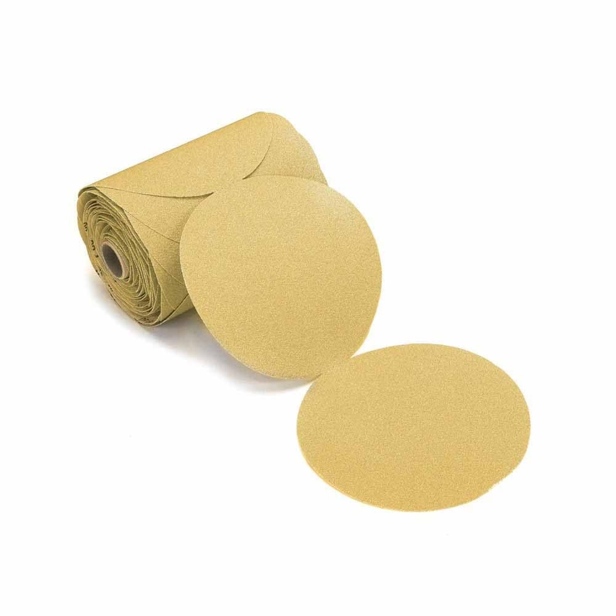 Mirka 23-342-120 Gold 6 inch Sticky Back PSA Sanding Discs roll with loose discs for PSA sanding on wood, paint, and surface prep work in a shop setting