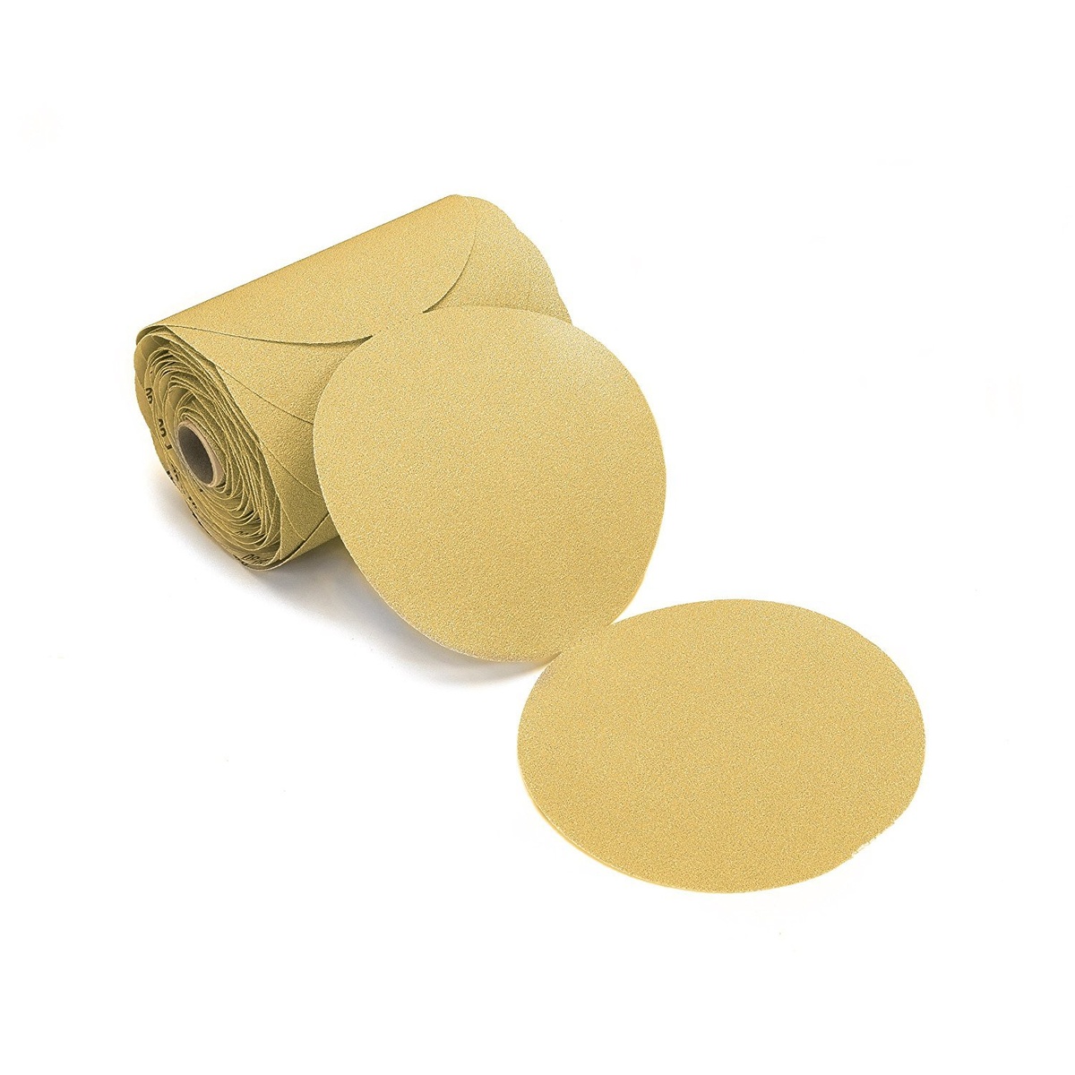 Mirka 23-342-150 Gold 6 inch sticky back PSA sanding discs roll with individual ceramic sanding discs for surface preparation and finish sanding in a workshop setting