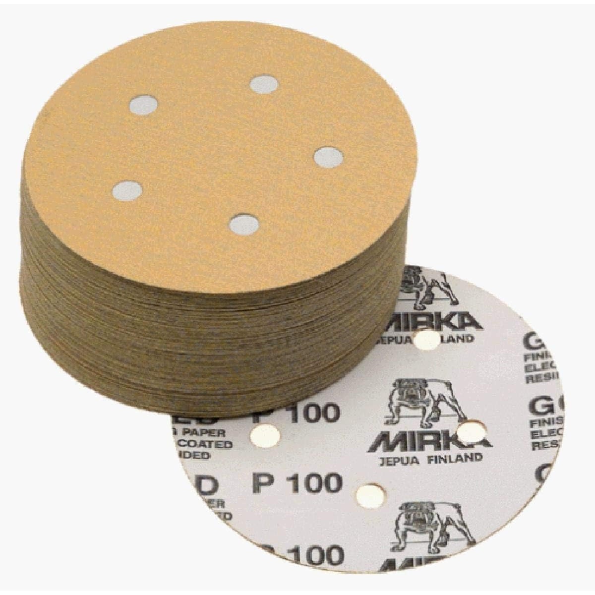 Mirka 23-321-320 5 inch 5-hole PSA sanding discs stacked for finish sanding work on a compatible random orbit sander pad in a shop setting